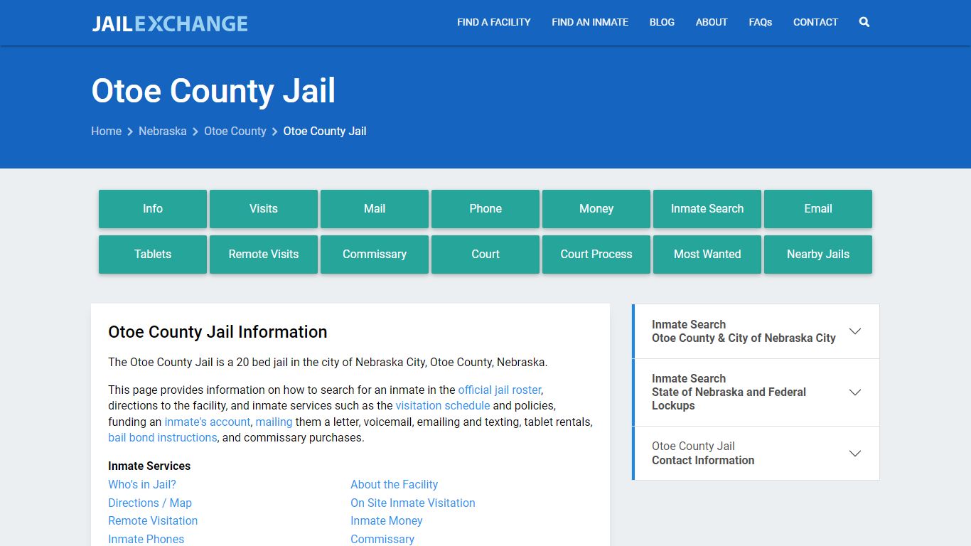 Otoe County Jail, NE Inmate Search, Information